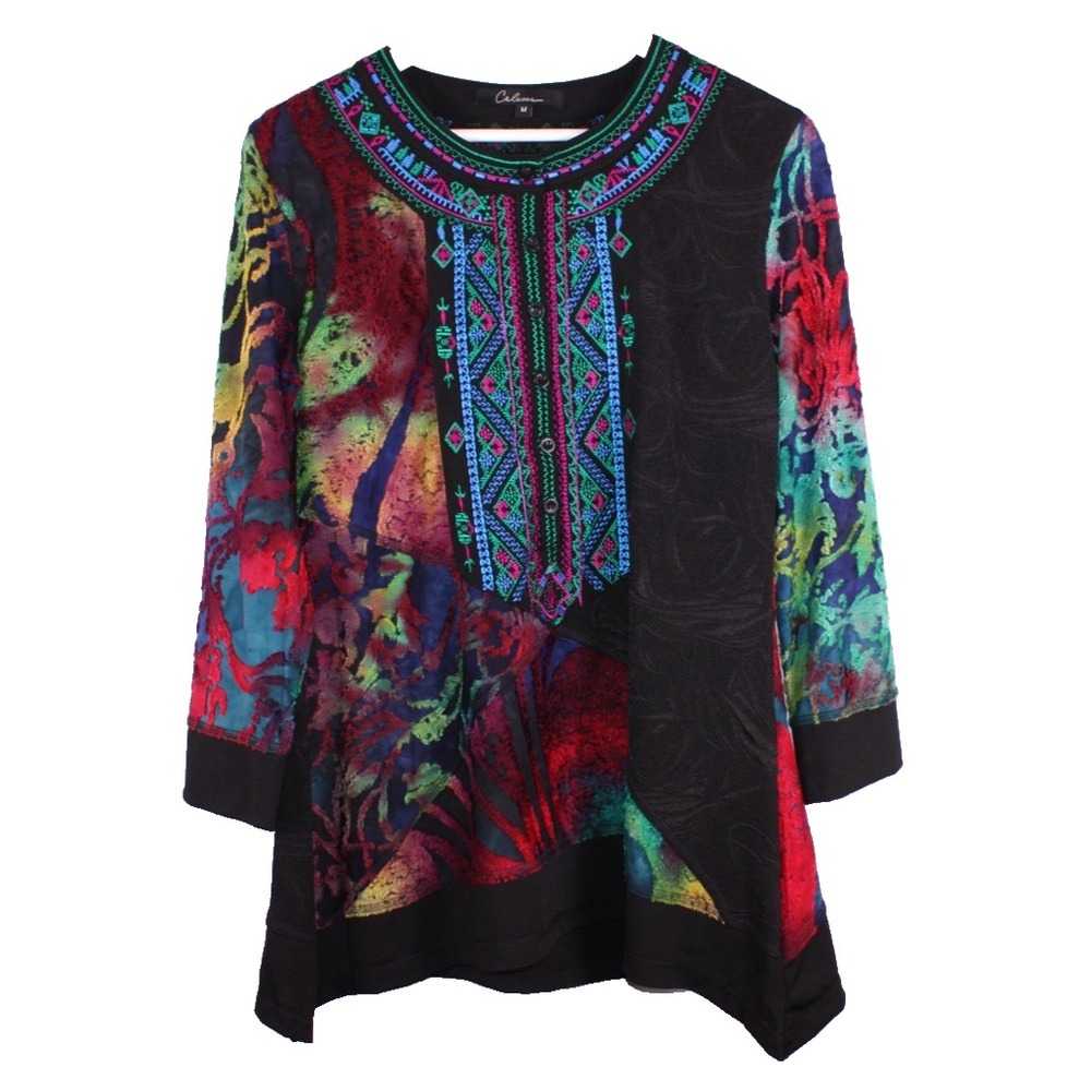 Caleaas Top Womens Medium Multicolor Patchwork Lagenlook Embroidered Art to Wear